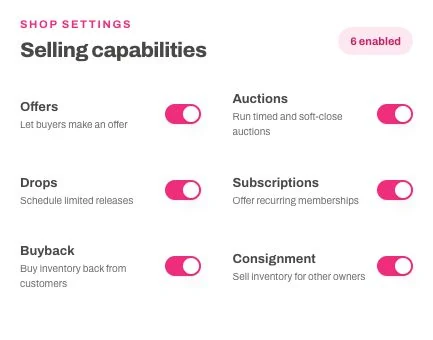 Selling capability controls with offers, auctions, drops, subscriptions, buyback, and consignment enabled